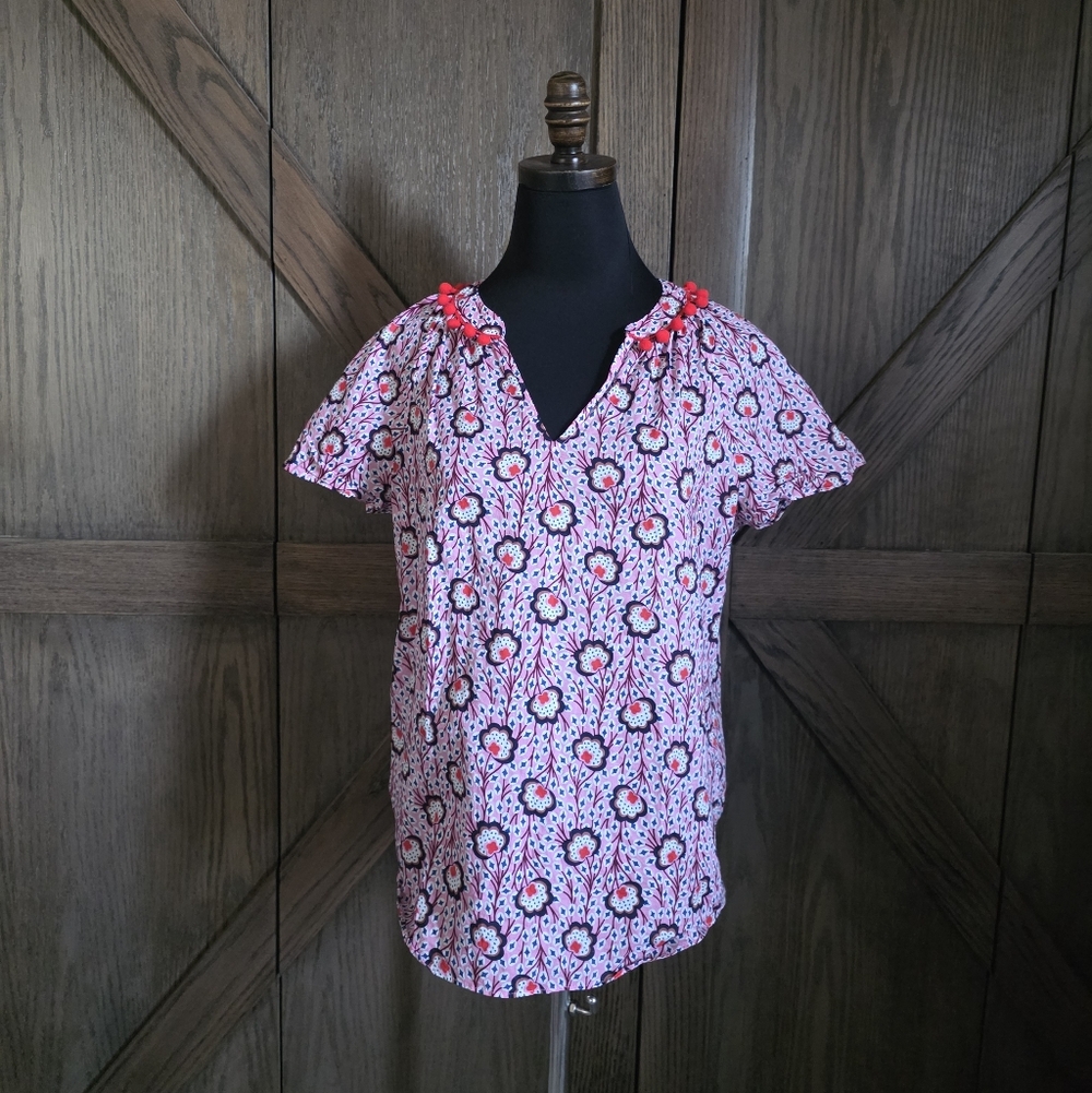 Boden Pink Floral Notch-Neck Short Sleeve Blouse